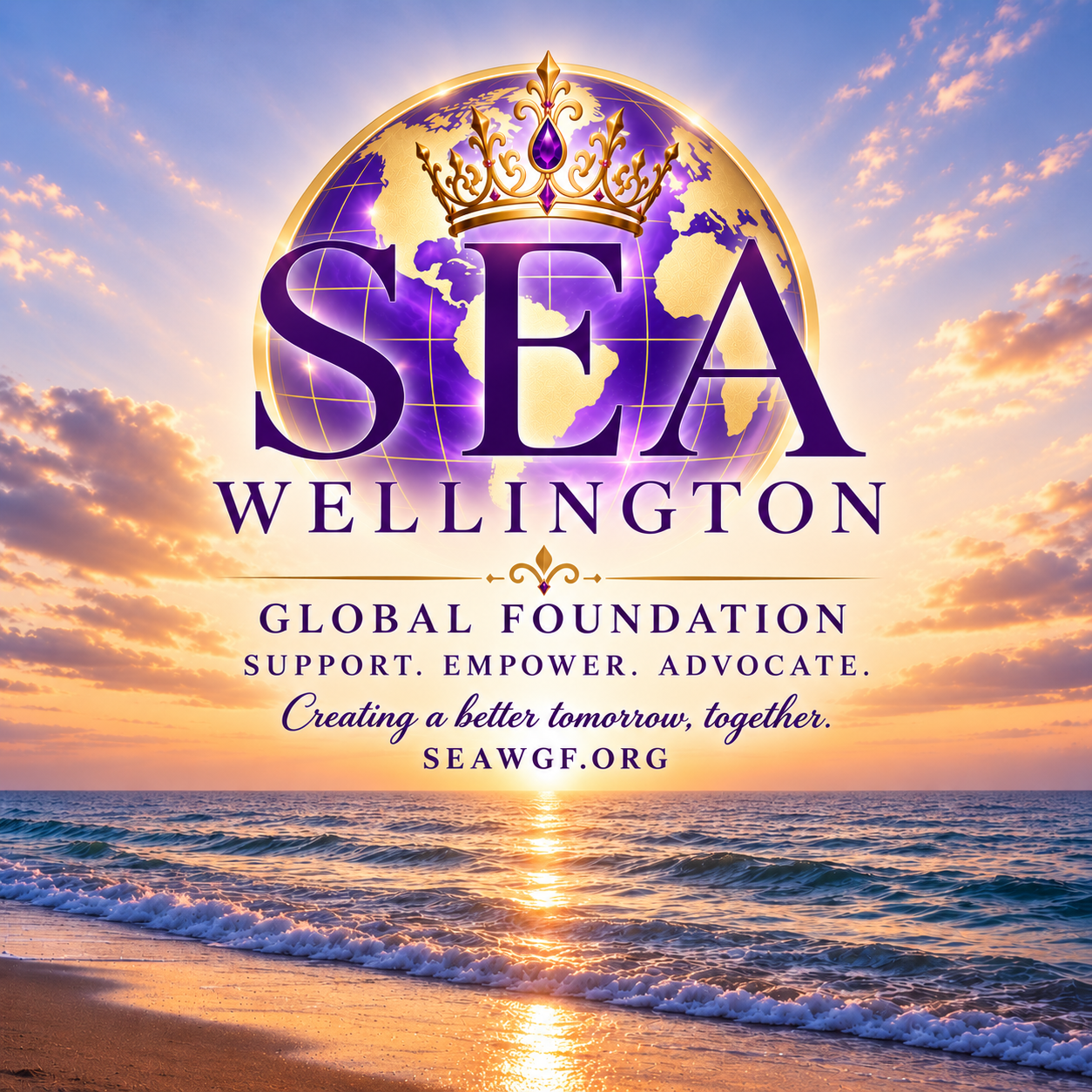 SEA Wellington Global Foundation: a gold crown over a glowing purple-and-gold globe above an ocean sunset.